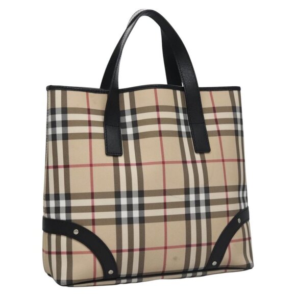 BURBERRY Nova Check Hand Bag PVC Beige Black Silver Auth 113312 - Picture 1 of 16
